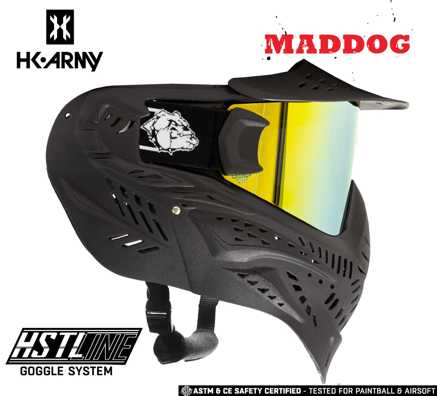 Maddog HK Army HSTL Paintball Airsoft Mask Goggle System | Replaceable Thermal Dual-Pane Anti Fog Lens | Adjustable Full-Face Safety Certified Protection - Black with Gold Lens