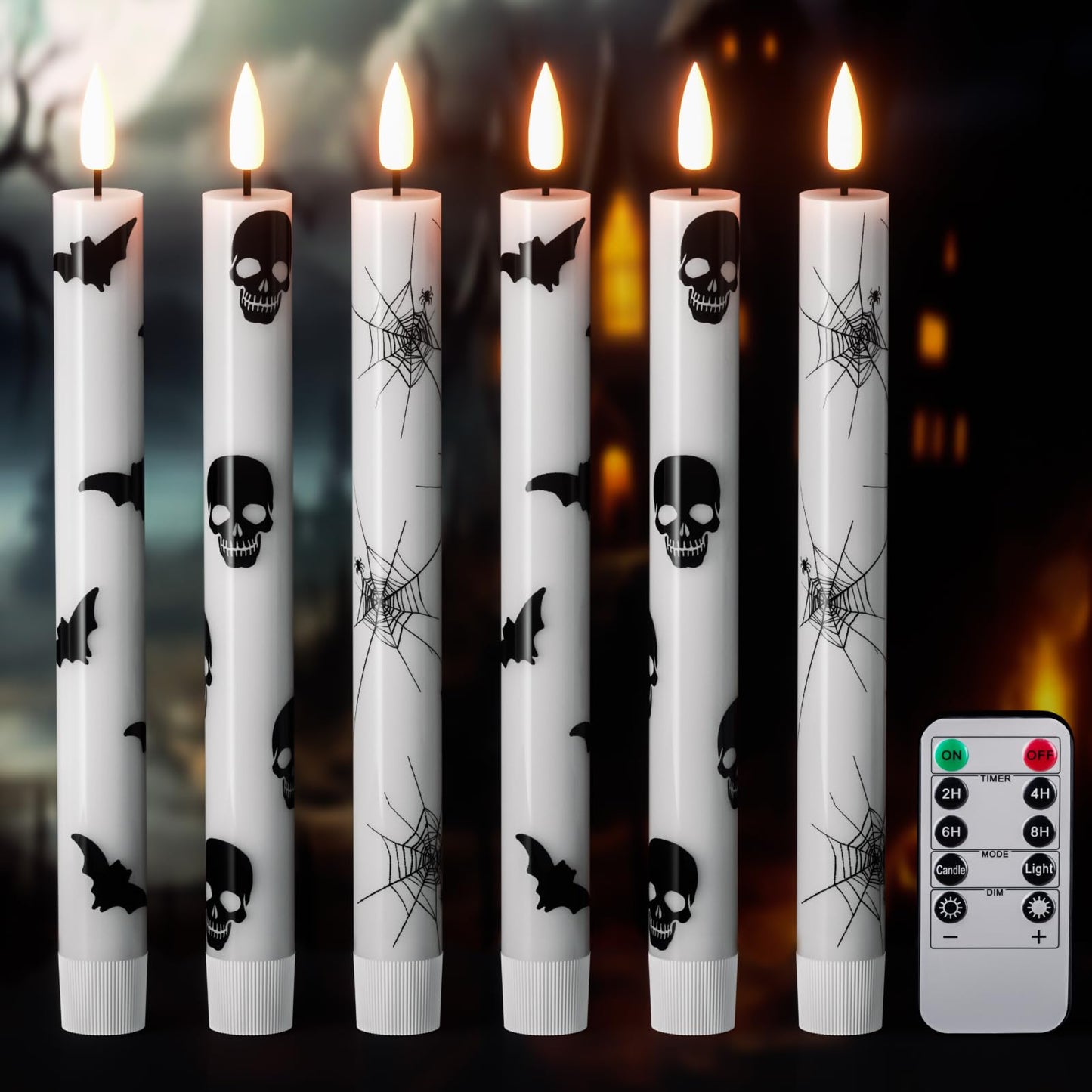 KunSwenn Halloween Flameless Taper Candles, 6 Pack LED Taper Candles Battery Operated with Remote Timer, Real Wax Flameless Candlesticks with Spider Webs/Skull/Bats Decals for Halloween Decoration