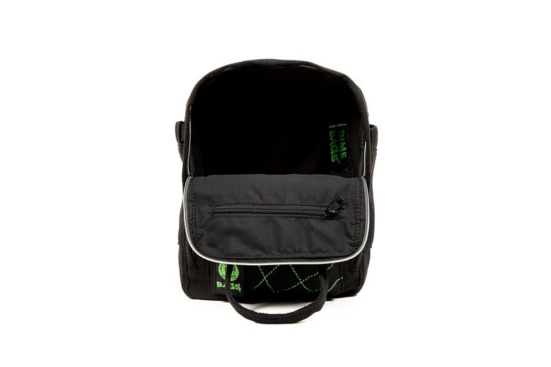 DIME BAGS Mini Backpack, Compact Lightweight Everyday Travel Bag with 7 Pockets, Durable Hempster Material, Adjustable Straps & Top Handle, Water Bottle Holders & Interchangeable Patch (Black)
