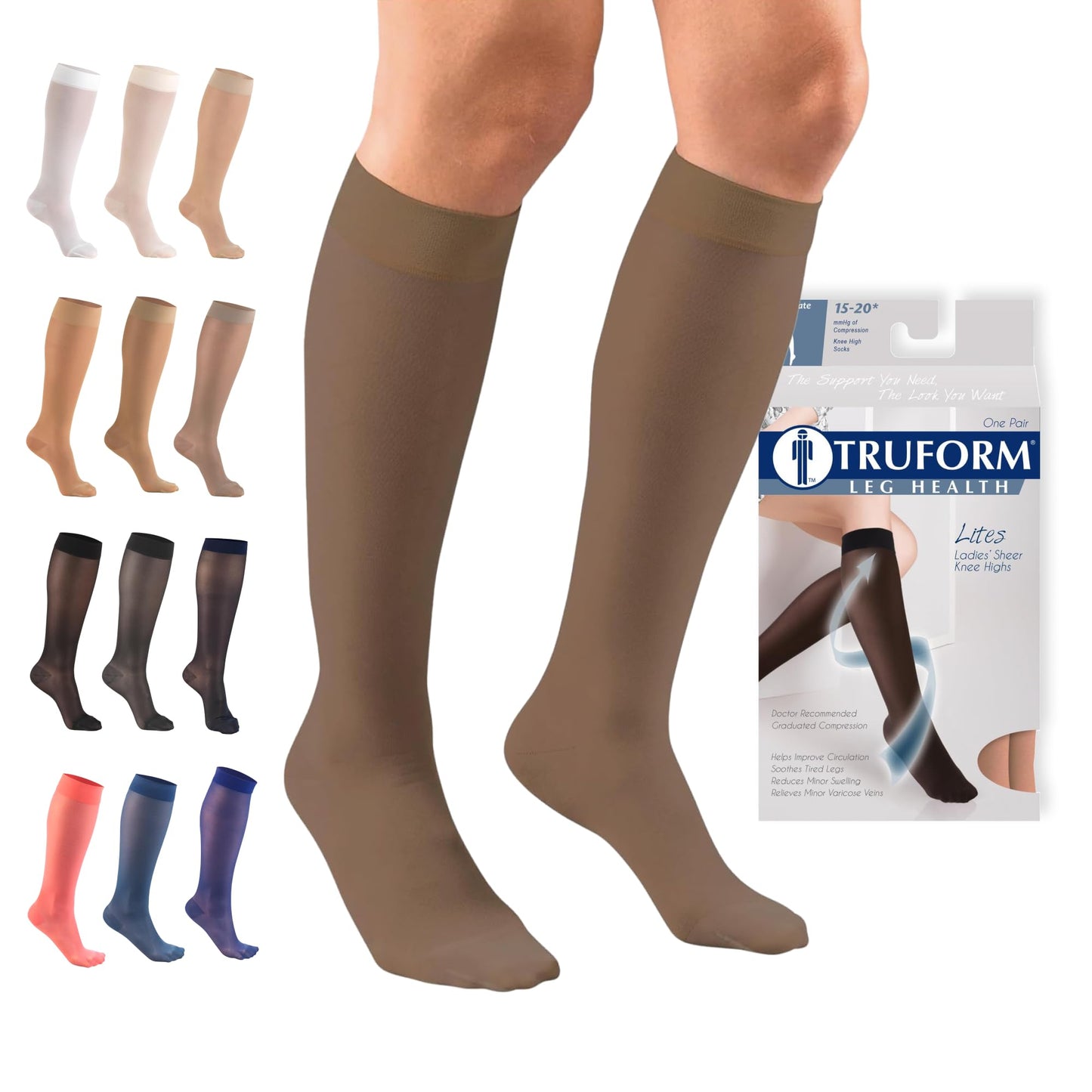 Truform Sheer Compression Stockings, 15-20 mmHg, Women's Knee High Length, 20 Denier, Espresso, Medium
