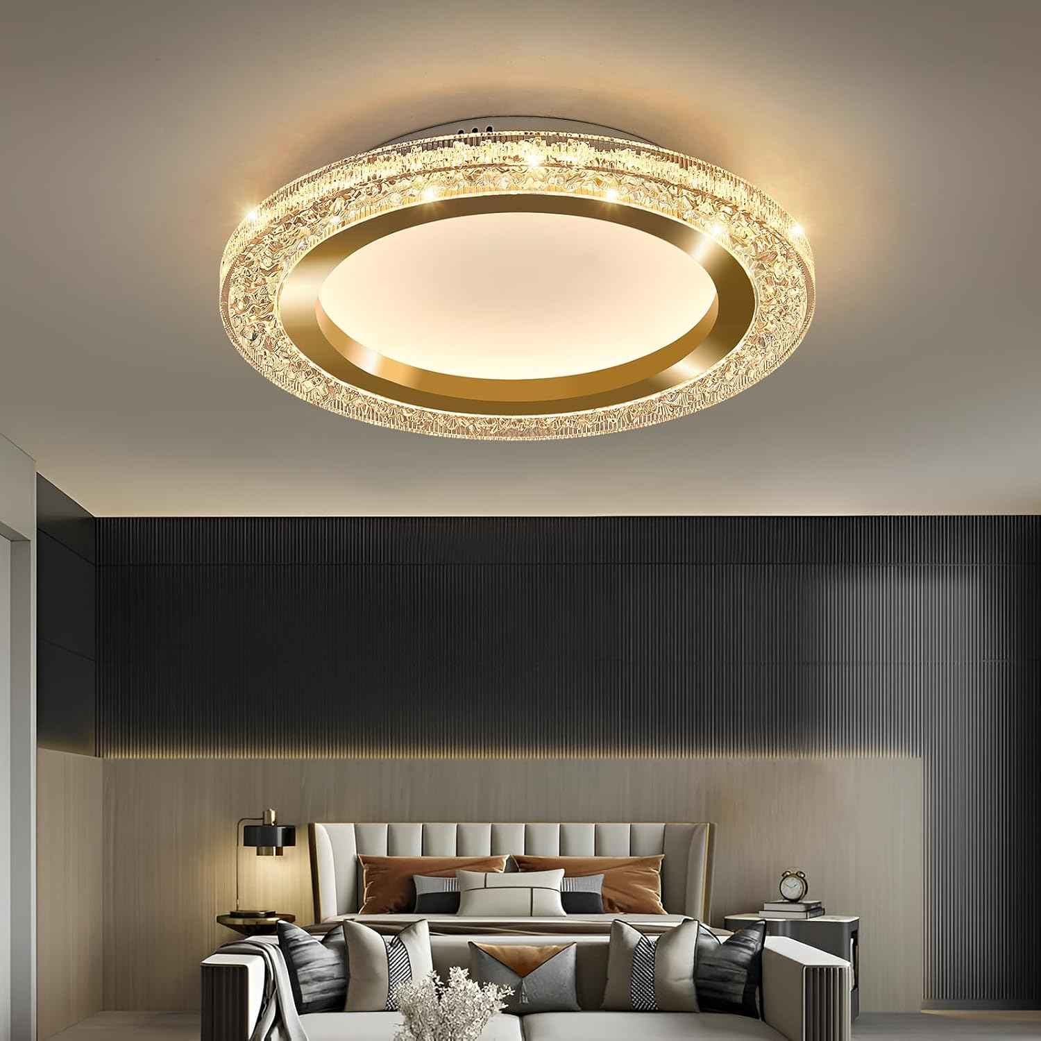28W Gold LED Flush Mount Ceiling Light - 12" Modern Round Fixture for Bedroom, Kitchen, Bathroom