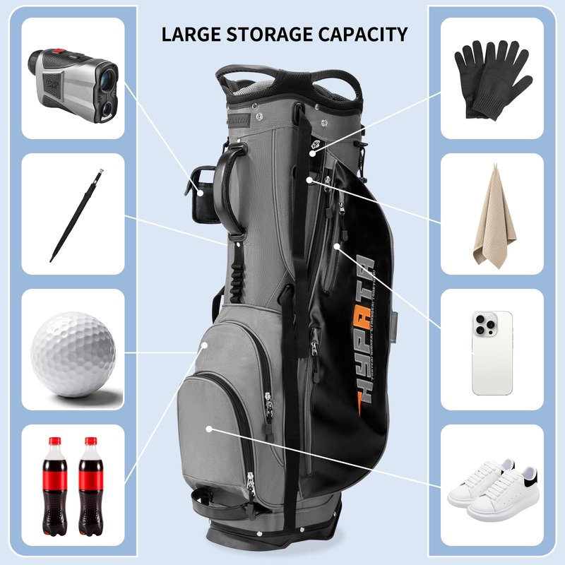 HYPATA 14 Way Golf Stand Bag-Lightweight Golf Bag for Men Women, Premium PU Leather Golf Bag with Stand, 8 Pockets, Cooler Pouch, Rangefinder Pouch, Detachable Dual Strap, Rain Cover Hood, Gray