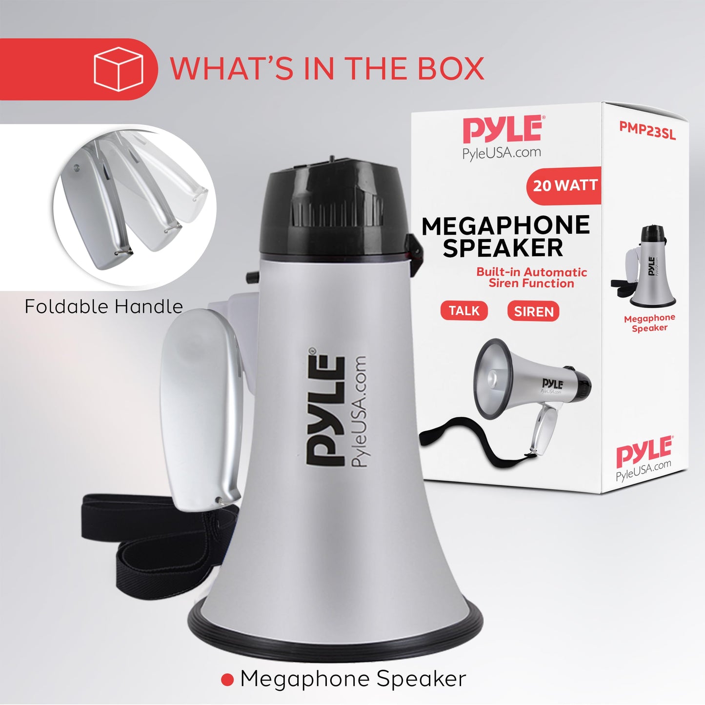 Pyle Portable Megaphone Speaker Siren Bullhorn - Compact, Battery Operated, 20W Power, Microphone, 2 Modes, PA Sound, 1000 Yards Range, Foldable Handle for Cheerleading and Police Use (Silver)