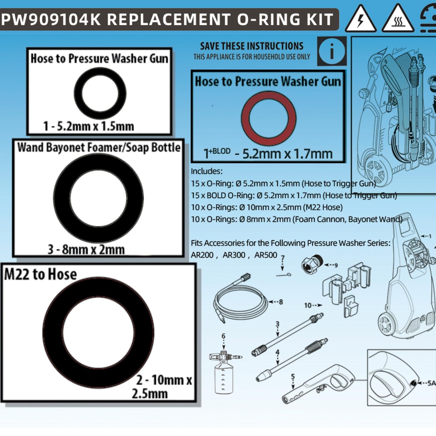 PW909104K Replacement O Ring Kit for AR Blue Clean 383 AR200 AR300 AR500 Pressure Washer Spray Hose Seals Repair