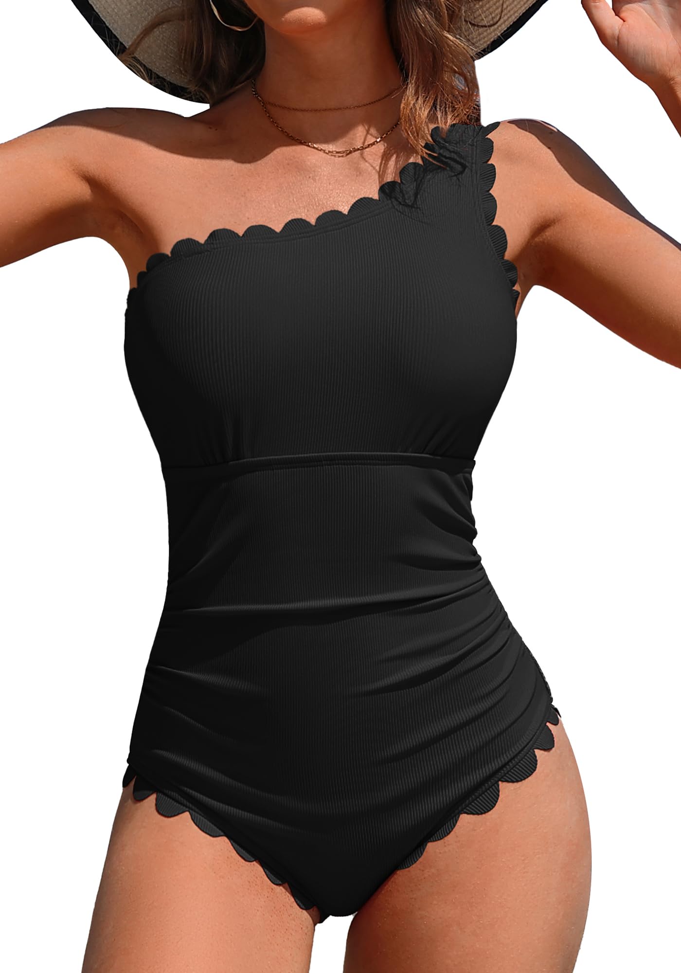 Charmo One Piece Swimsuits Women Ribbed Full Coverage Bathing Suit Women One Shoulder Slimming Swim Suits Cutout Swimwear Black M