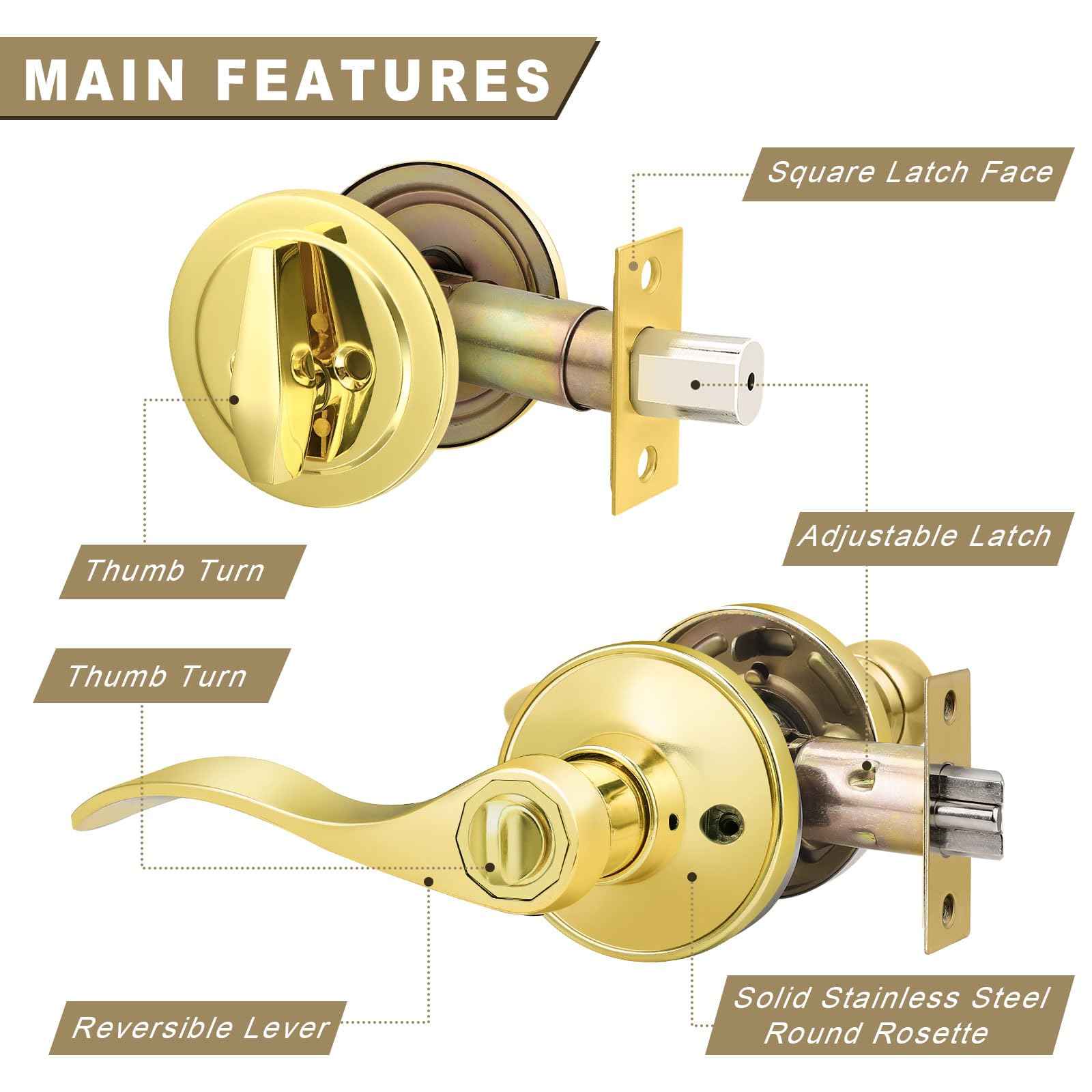 Brotima 3 Pack Keyed Alike Lever Set with Single Cylinder Deadbolt, Reversible Wave Style Polished Brass Lockset, Lever Door Handle with Key and Lock for Bedroom, Front Door