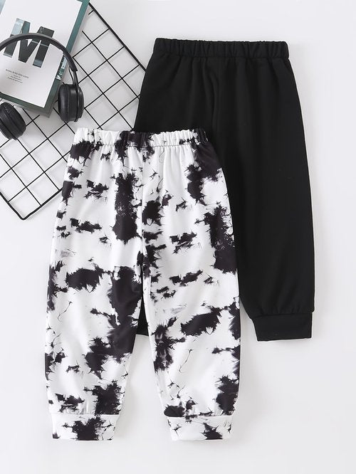 Jolyshlid 2 Pack Boy's Tie Dye Letter Print Track Sweat Pants Joggers 7-8Y Black White