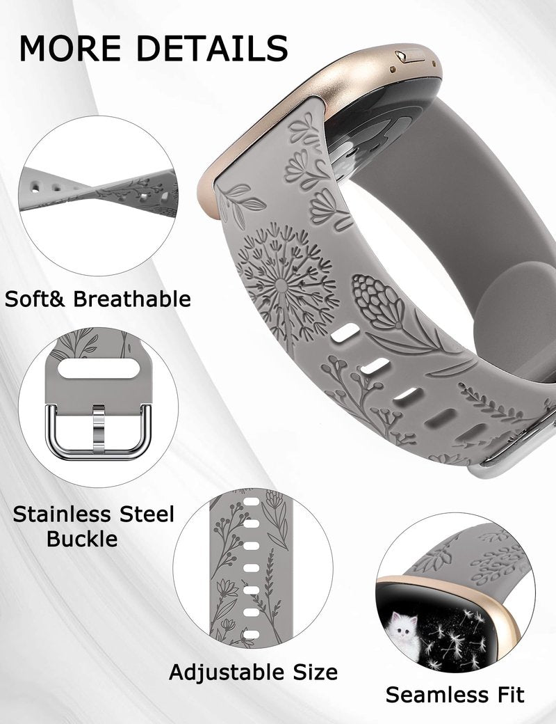Minyee 6 Packs Floral Engraved Band Compatible with Fitbit Versa 4/Versa 3/Sense 2/Sense Band Women, Cute Soft Silicone Dandelion Flower Pattern Sport Designer Fancy Summer Strap for Versa 3