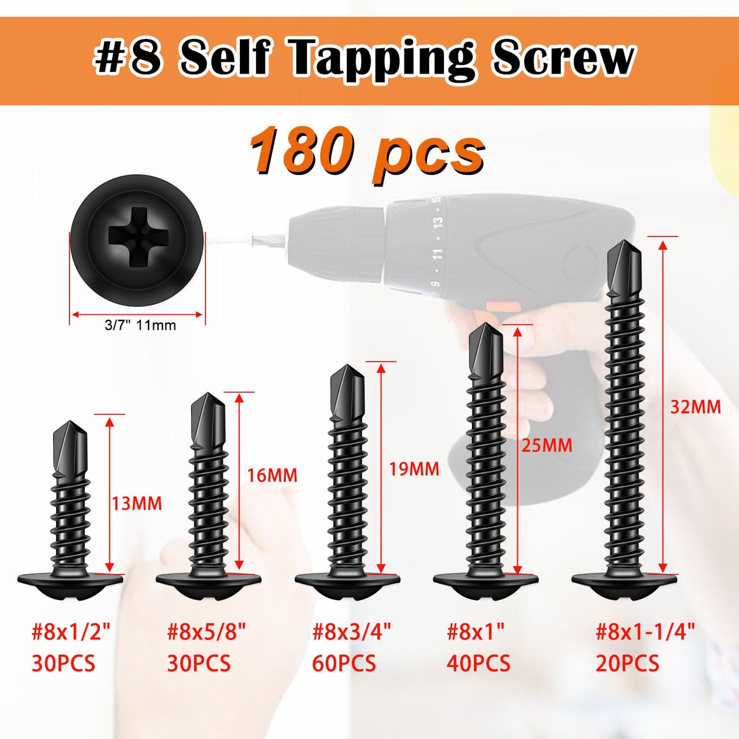 weideer 180pcs #8 Self Tapping Screws for Metal, Sheet Metal Screws, 410 Stainless Steel Black Oxide Truss Head Screws,Self Drilling Screws,Quick Tapping Screw 1/2" 5/8" 3/4" 1" 1-1/4" K-166