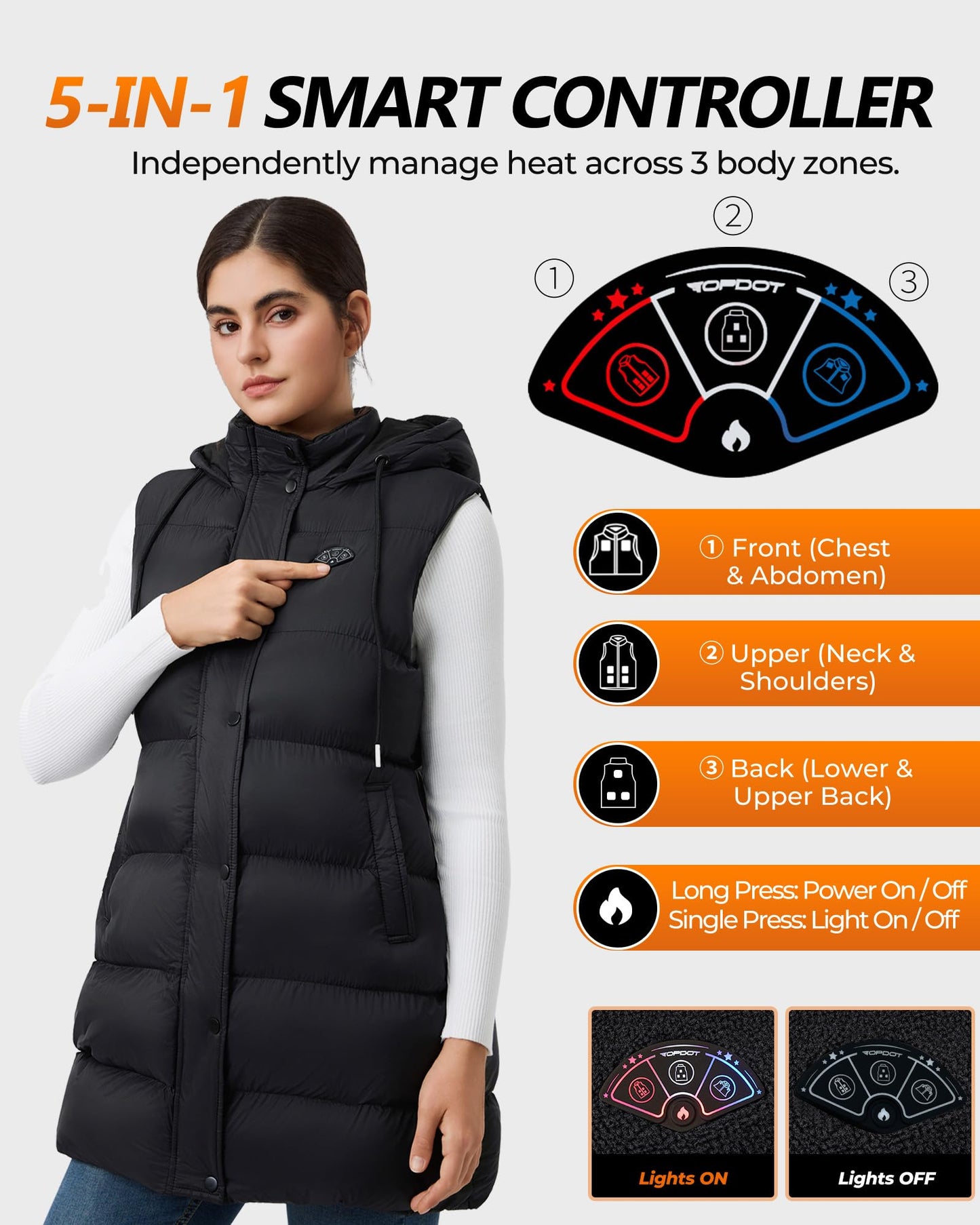 Topdot Long Puffer Heated Vest for Women with 16000mAh Battery Pack, 10 Heating Zones Hooded Winter Heated Vest Outwear,L