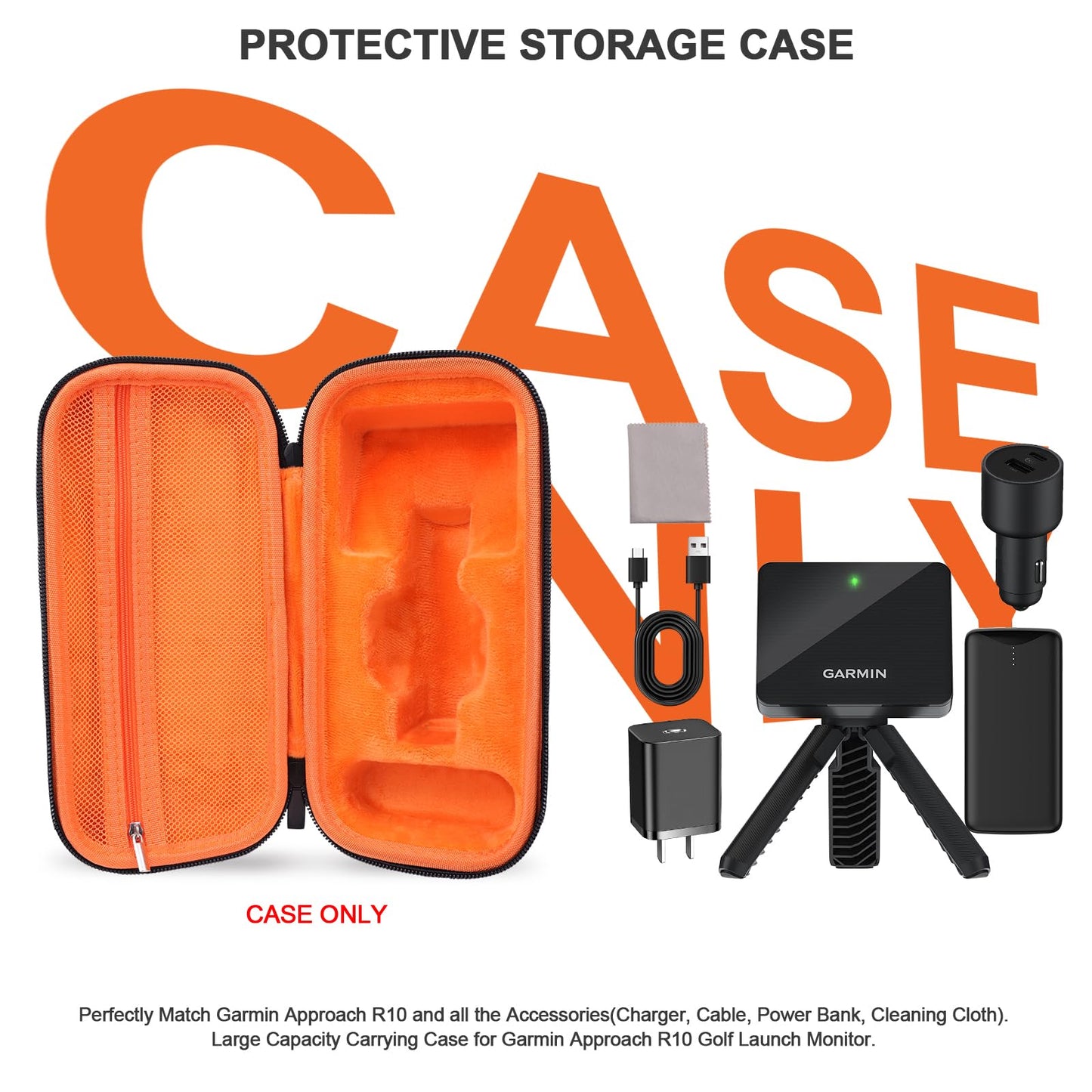 BliFulde Carrying Case Compatible with Garmin Approach R10 Golf Launch Monitor, Custom-Insert Organizer Storage Bag with Mesh Pocket for USB Cable, Charging Adapter,Power Bank (Orange)