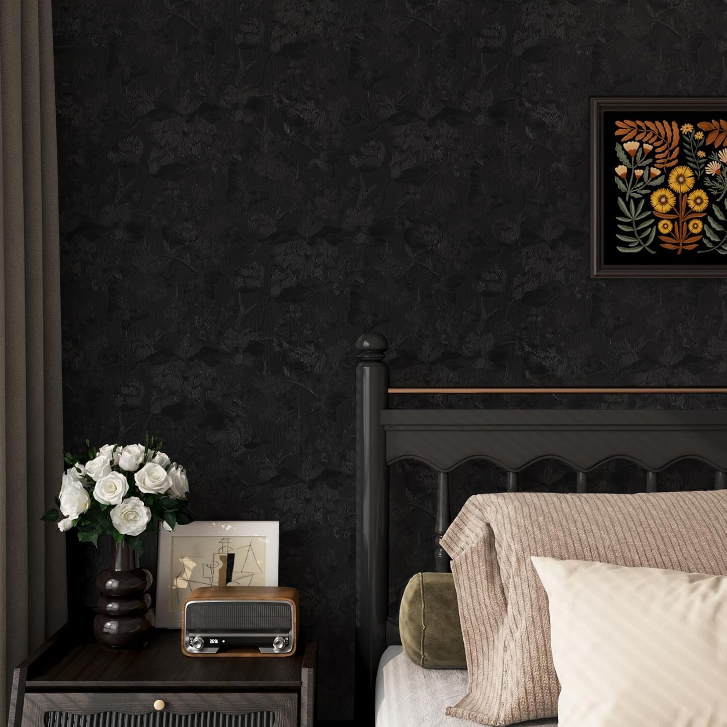 lenify Black Peel and Stick Wallpaper Black Floral Wallpaper 15.7inch x 118.1inch Vintage Embossed Textured Contact Paper Embossed Self Adhesive Wall Paper for Cabinets Pure Flower Removable Vinyl