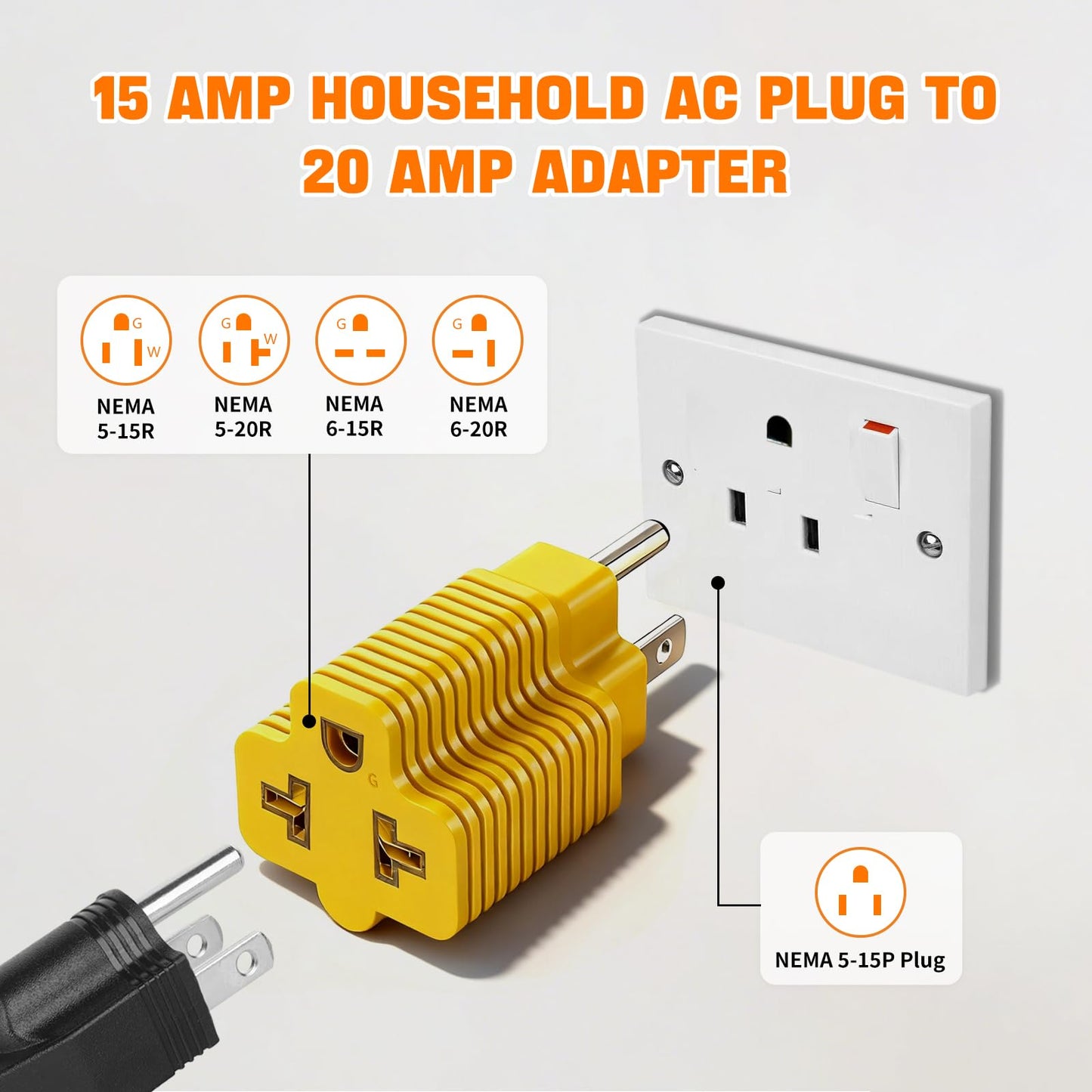 4-in-1 15 Amp to 20 Amp -1ft Extension Cable&Power Adapter， T Blade Adapter - 5-15P to 5-20R, 6-15R, 6-20R，12AWG AC Power Plug Adapter Cable