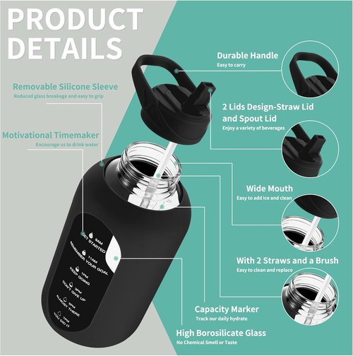 CIVAGO 64 oz Glass Water Bottle - Motivational Sports Jug with Straw & Handle | Black Silicone Sleeve