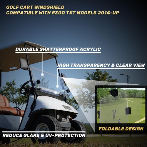 HANGKUNNEE Golf Cart Windshield EZGO TXT Windshield Fits 2014-Up EZGO TXT Golf Cart Prevent UV Ray and Foldable Clear EZ GO Windshield