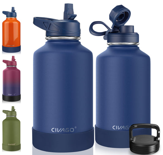 CIVAGO 64 oz Insulated Stainless Steel Water Bottle With Straw and 3 Lids
