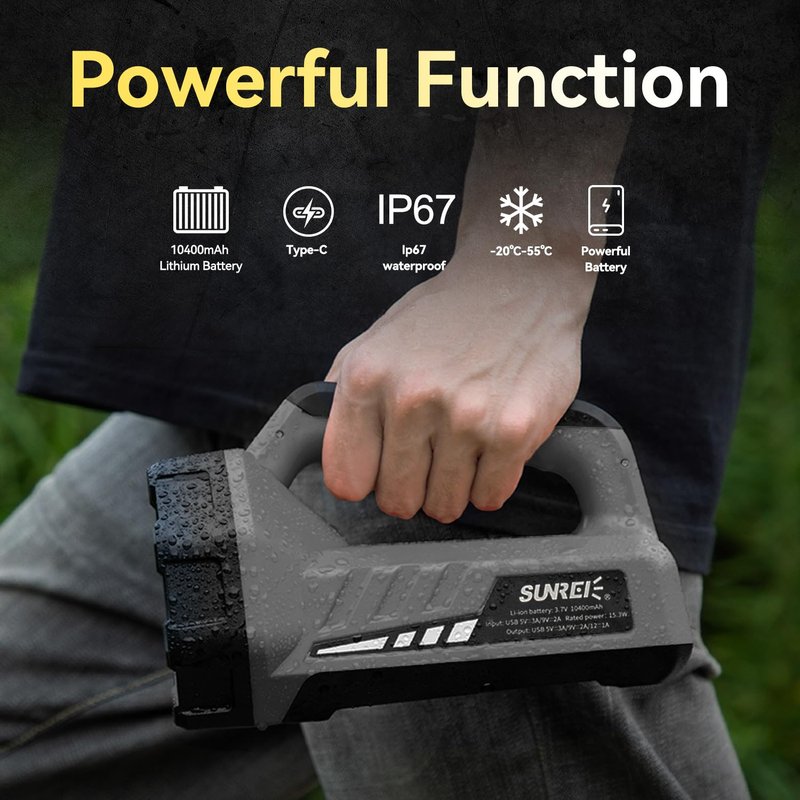SUNREI Rechargeable LED 1500LM Spotlight, 8 Light Modes Portable Camping Flashlight, 24h Ultra-Long Standby, 10400mAh Power Bank, IP67 for Emergencies Power Outages, Hurricane Emergency, Hiking, Home