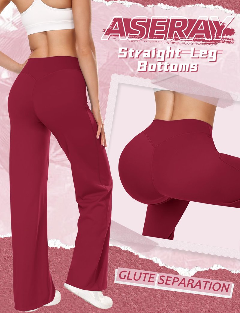 ASERAY Workout Yoga Pants Women High Waist Straight Leg Bottoms Tummy Control No Front Seam Soft Stretch Leggings for Women Pink