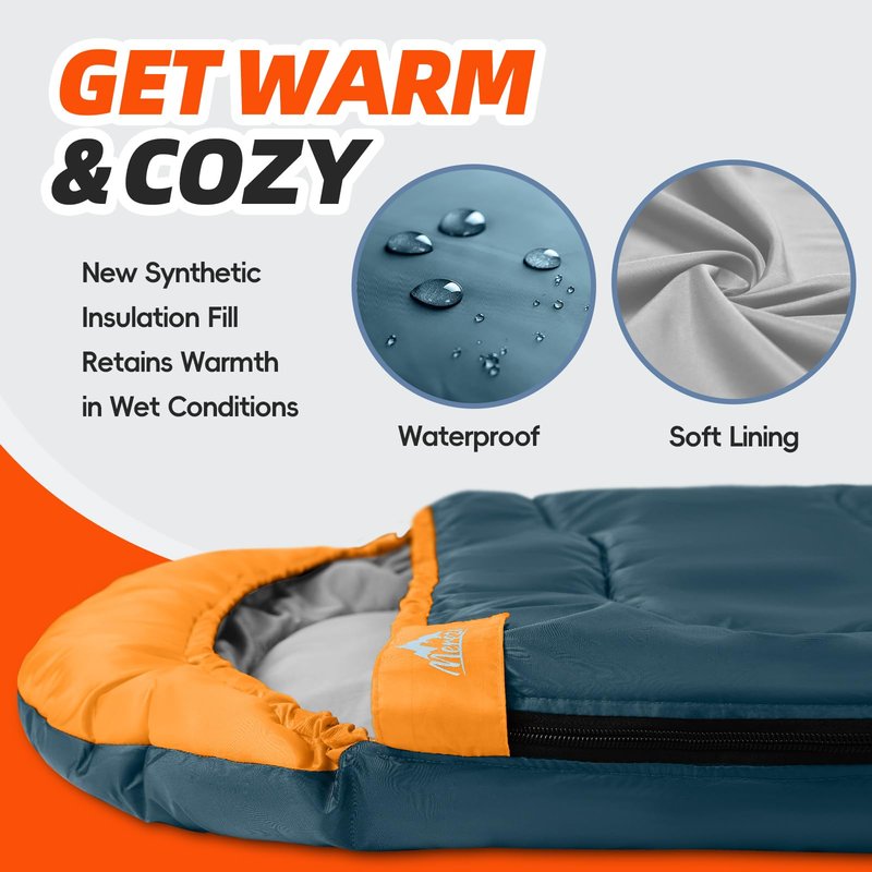 MEREZA Sleeping Bags XL for Adults Mens Large Wide Sleeping Bag for Camping & Backpacking Big and Tall Sleeping Bags for Women 4 Season Warm & Cool Weather with Compression Sack Bermuda Bue&Yellow