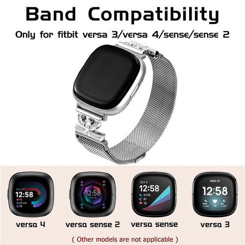 HAYONLIY Magnetic Bands Compatible for Fitbit Sense 2/Fitbit Versa 4/Fitbit Sense/Fitbit Versa 3, Mesh Stainless Steel Bling Strap, Dressy Replacement Adjustable Wristband for Women-Silver