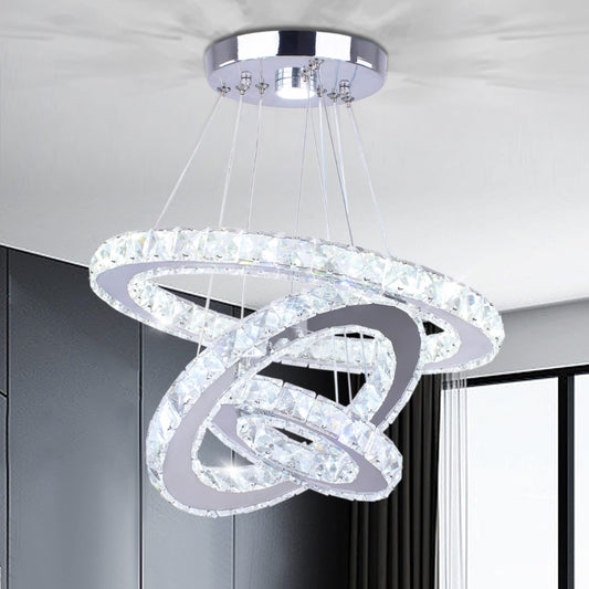 xychfantligh Modern 3 Ring Round Crystal Chandelier Adjustable Stainless Steel Pendant Lighting LED Crystal Ceiling Light Fixture for Living Room Dining Room Bedroom (Cool White)