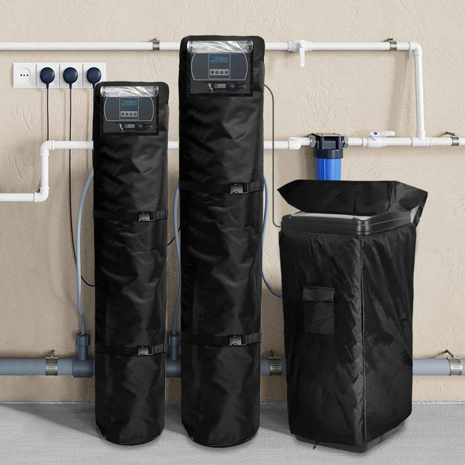 Bitubi Water Softener System Cover Outdoor for PRO+AQUA Water Softener System, 2Pcs Softener Tank/Filter Cover + 1Pcs Brine Tank Cover, All Weather Protection, Black