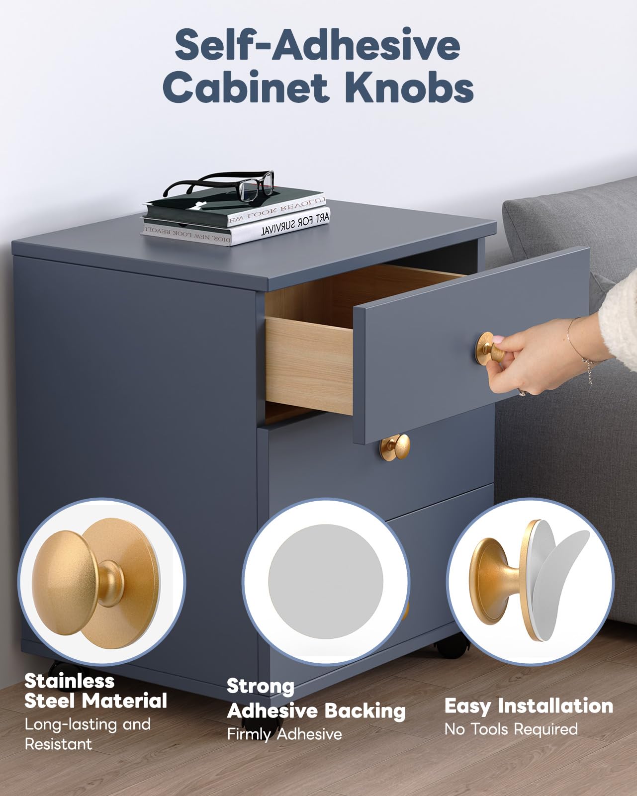 Anobeyi 5 Pack Self Adhesive Cabinet Knobs, No Drilling Self Stick Drawer Knob, Stick-on Kitchen Cabinet Stainless Steel Handle Pull for Window, Wardrobe, Dresser, Cupboard, Closet (5, Antique Gold)