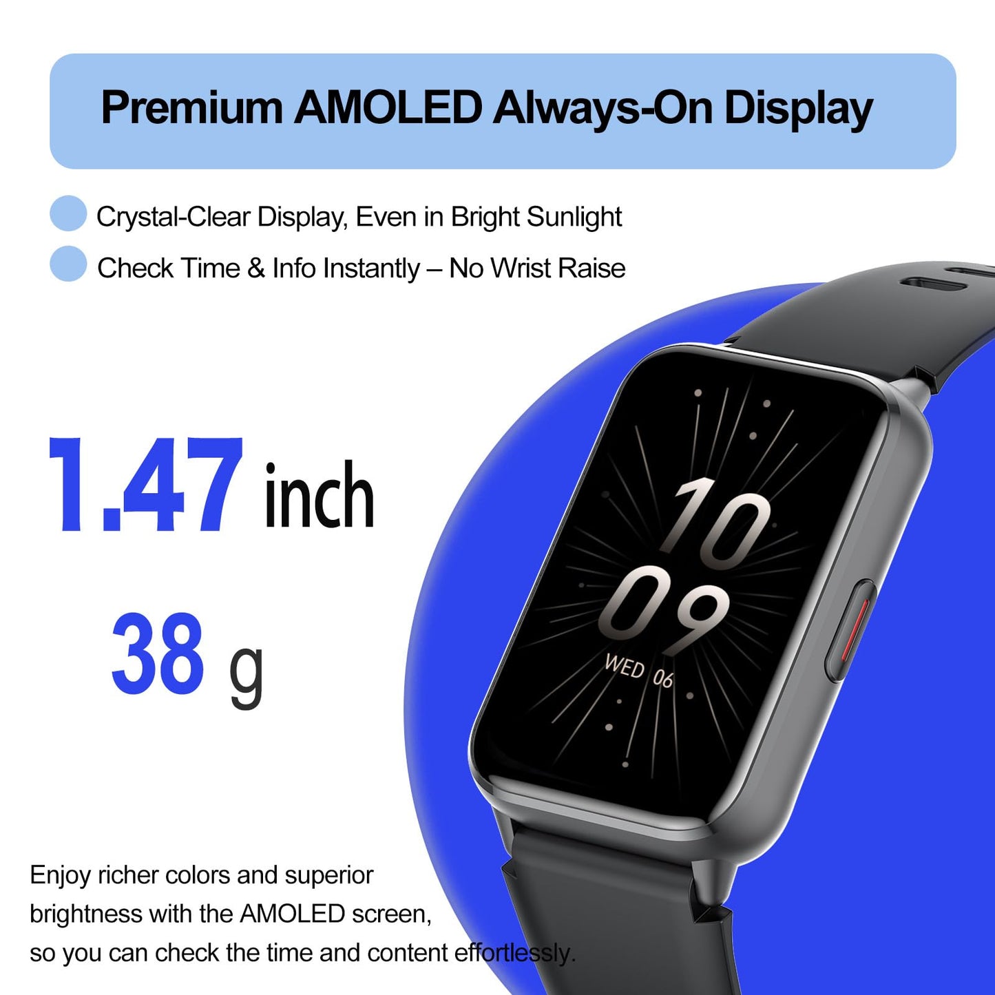 Fitness Tracker (Answer/Make Calls), Smart Watch for Women Men, with 1.47″ AMOLED Always-On Display, 24/7 Heart Rate, Sleep Tracking, 110+ Sport Modes, Waterproof, Compatible for Android Phone