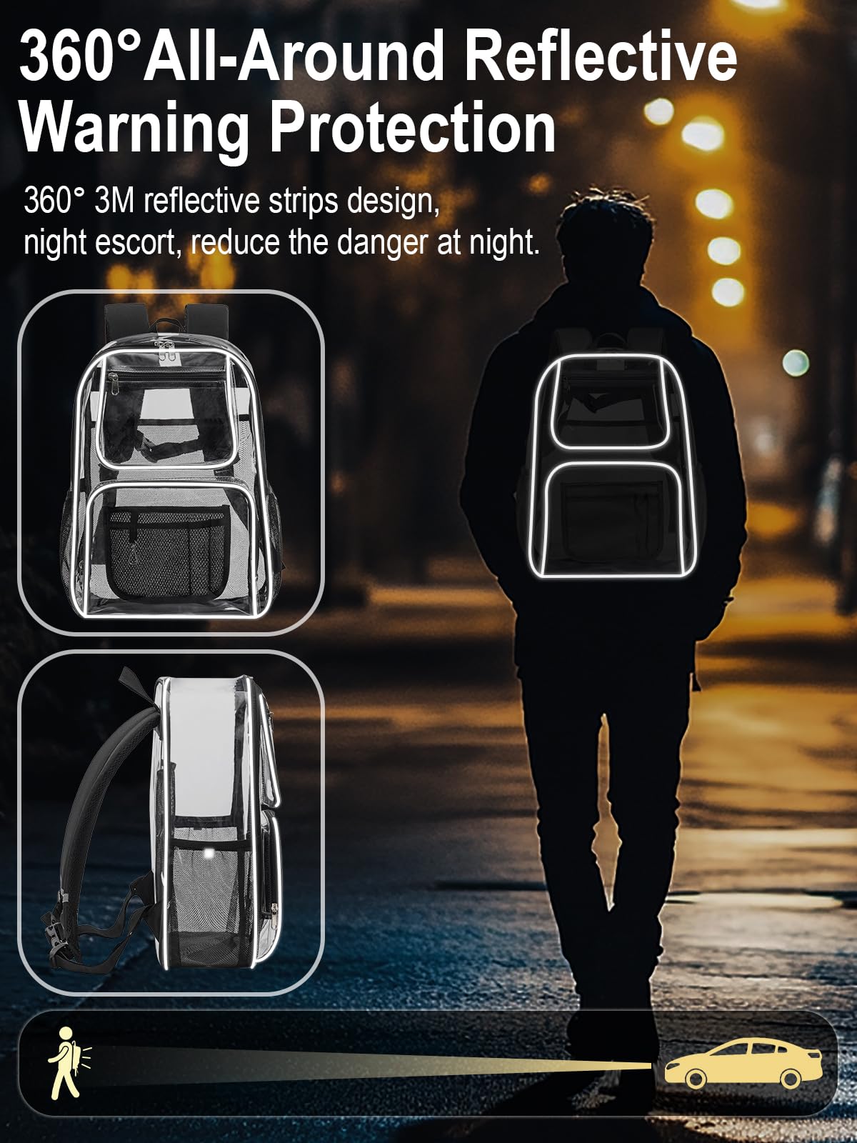 QOECI Heavy Duty Clear Backpack For Kids Women Men Boys Girls, 17 Inch Large See Through Backpack, 360° 3M Reflective Strips Clear Bookbag, Transparent Bag For School College Sport Work Travel, Black