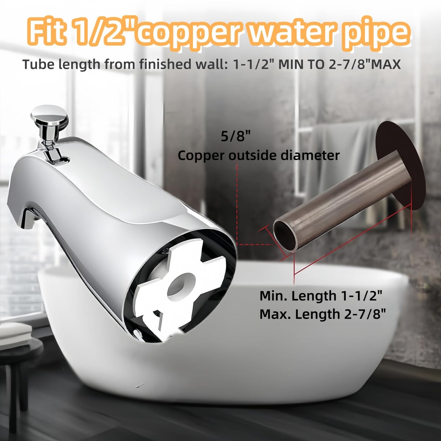 Bathtub Faucet Easy to Install Tub Spout with Diverter,American Standard Tub Faucet Replacement Fits 1/2" Copper Water Tube(5/8" Diameter) with Hex Wrench Chrome Finish
