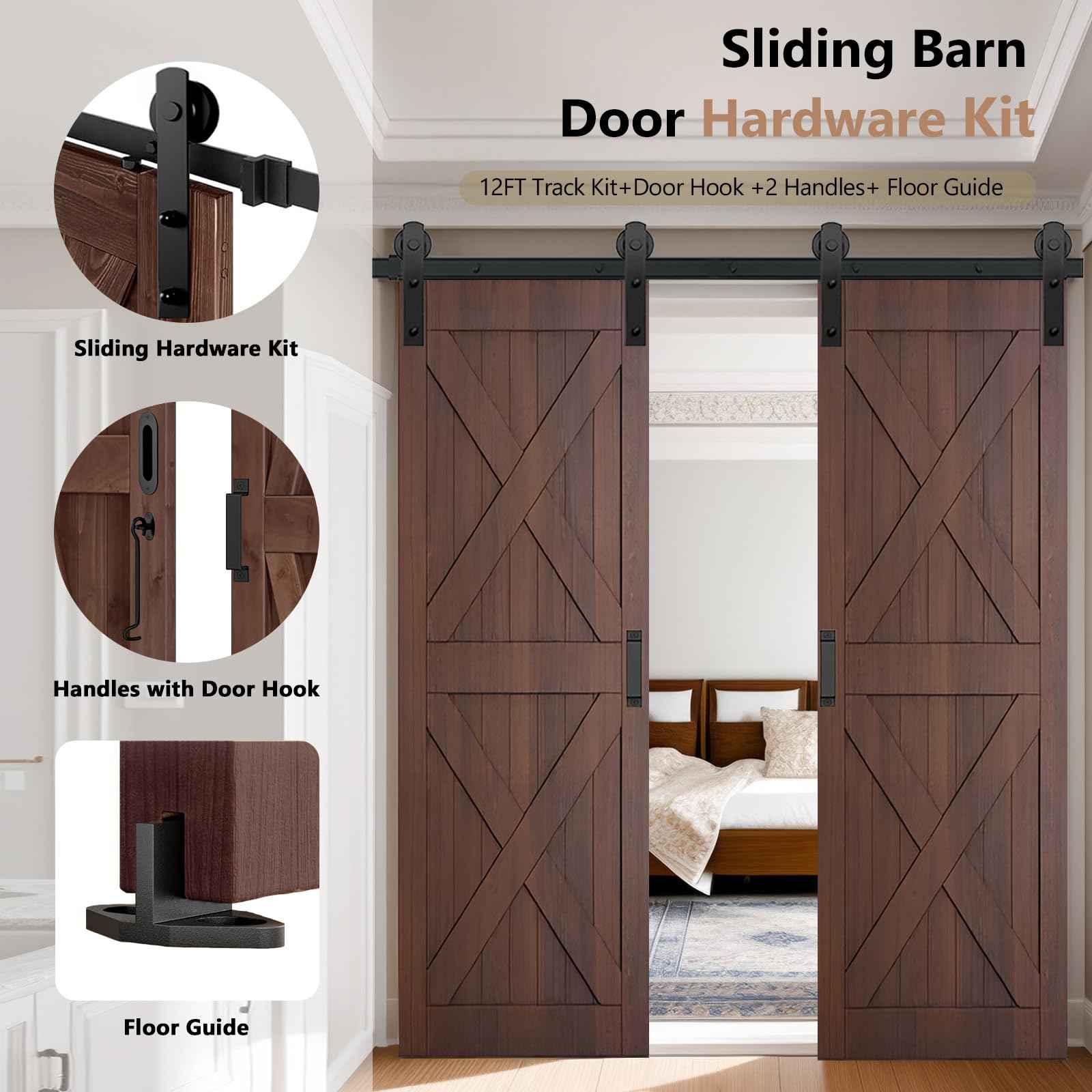Arti-Life 12ft Heavy Duty Sturdy Sliding Barn Door Hardware Kit with Door Hook and 2 Handles, Double Door-Smoothly and Quietly, Easy to Install - Fit 1 3/8-1 3/4" Thickness & 36" Wide Door Panel