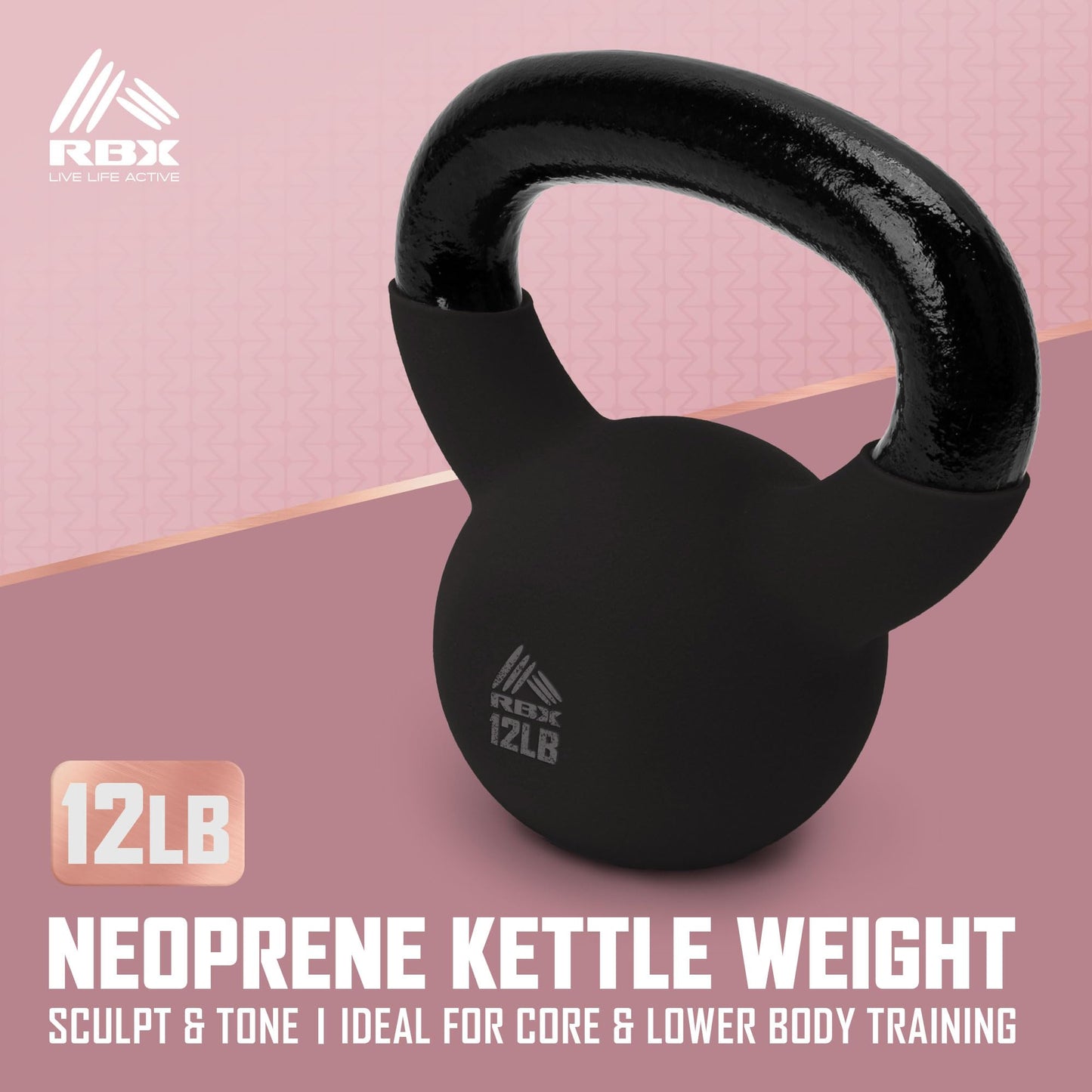 RBX Neoprene Kettlebell, Wide Handle, Iron Core, Flat Bottom, Great for All Fitness Levels (Black, 12.0 Pounds)