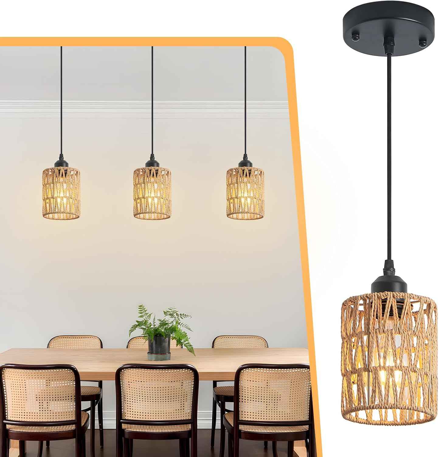 Rattan Chandelier Pendant Lights - 3 Pack Adjustable Height Boho Farmhouse Ceiling Fixtures for Kitchen & Dining Room