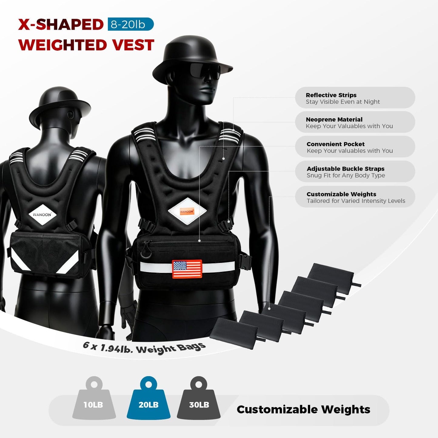 Adjustable Weighted Vest for Men & Women, 6-10lb/8-20lb/8-30lb, with Storage Pockets & Reflective Strips for Walking, Running, Rucking & Strength Training (Black, 8-20LB)