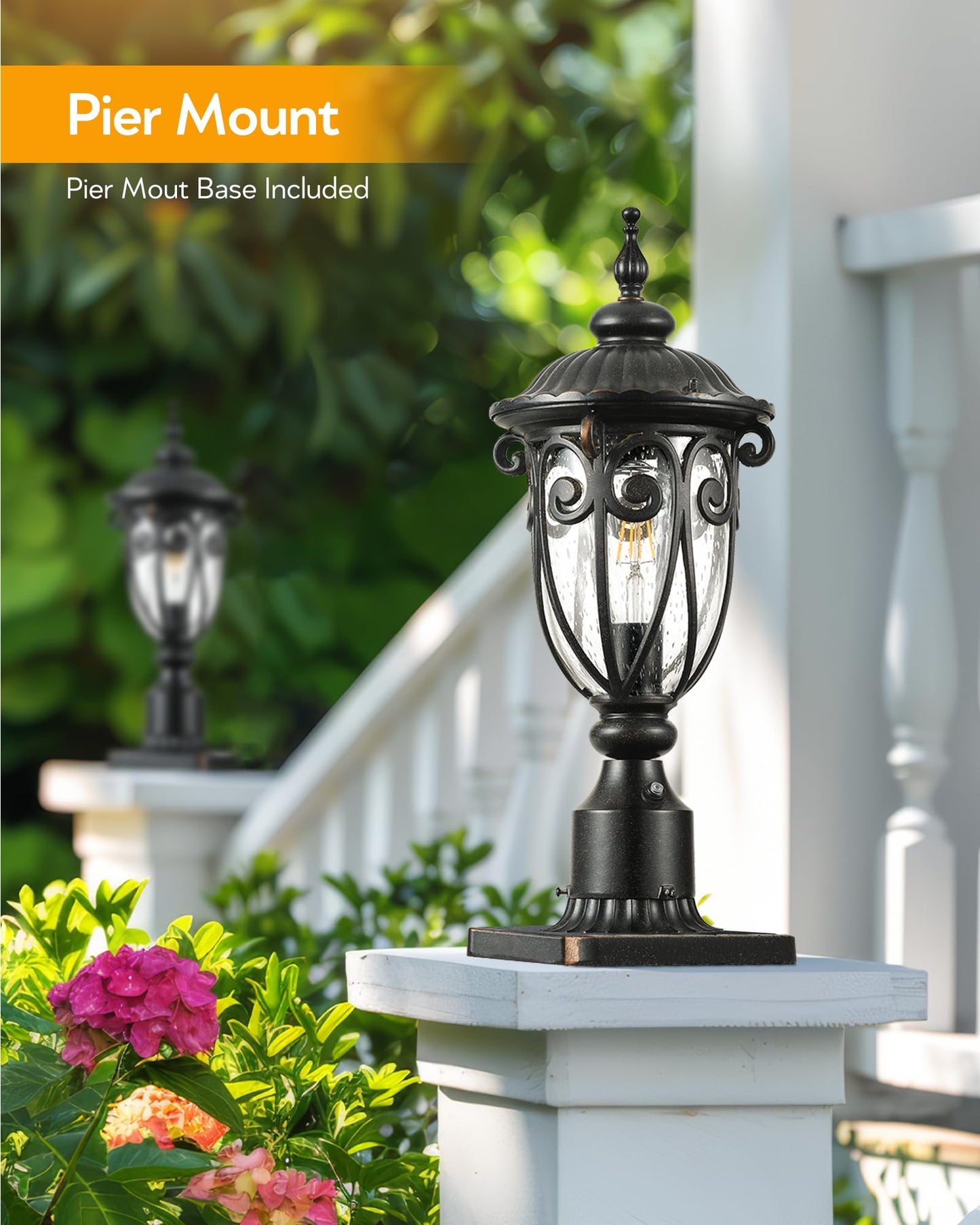 VIANIS Outdoor Post Light with Pier Mount Base, 2 Pack Waterproof Dusk to Dawn Post Lights Outdoor, Anti-Rust Aluminum Oil Rubbed Bronze Post Light Dusk to Dawn with Tempered Glass for Pathway