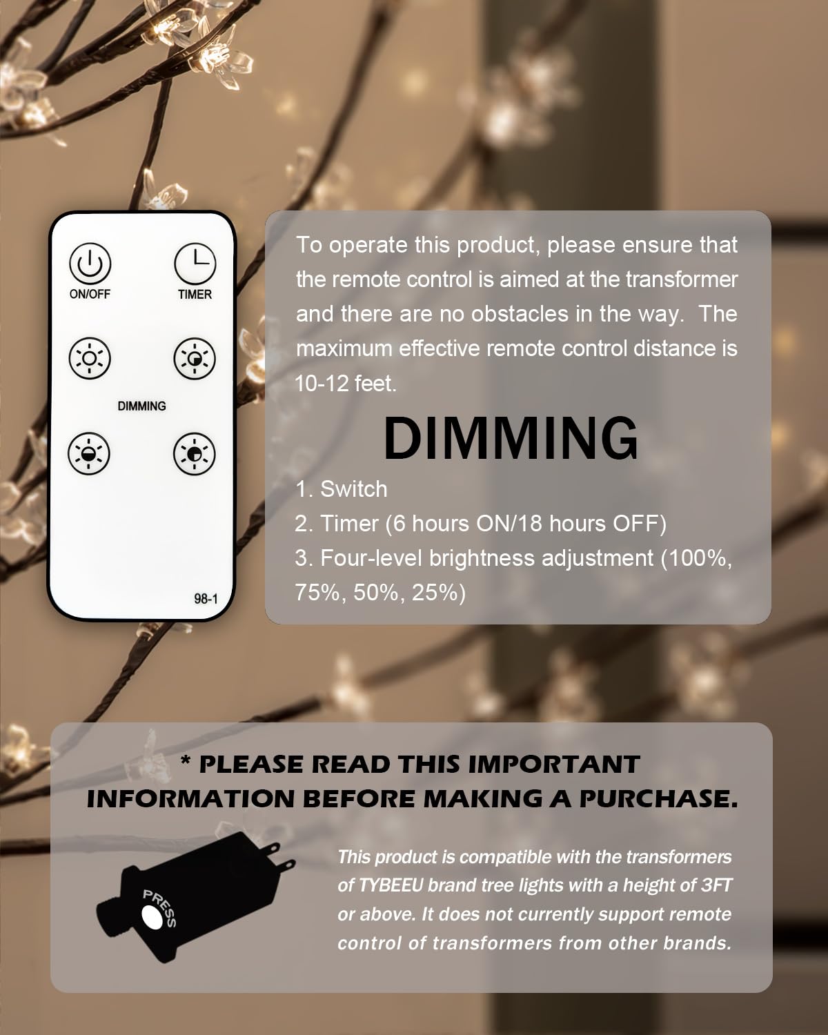 TYBEEU Christmas Trees Accessory, 4 Brightness Dimming and Timer Function, UL Listed, General Remote Control Suitable for 24V/6W, 24V/3.6W,4.5V/4.5W Christmas Trees