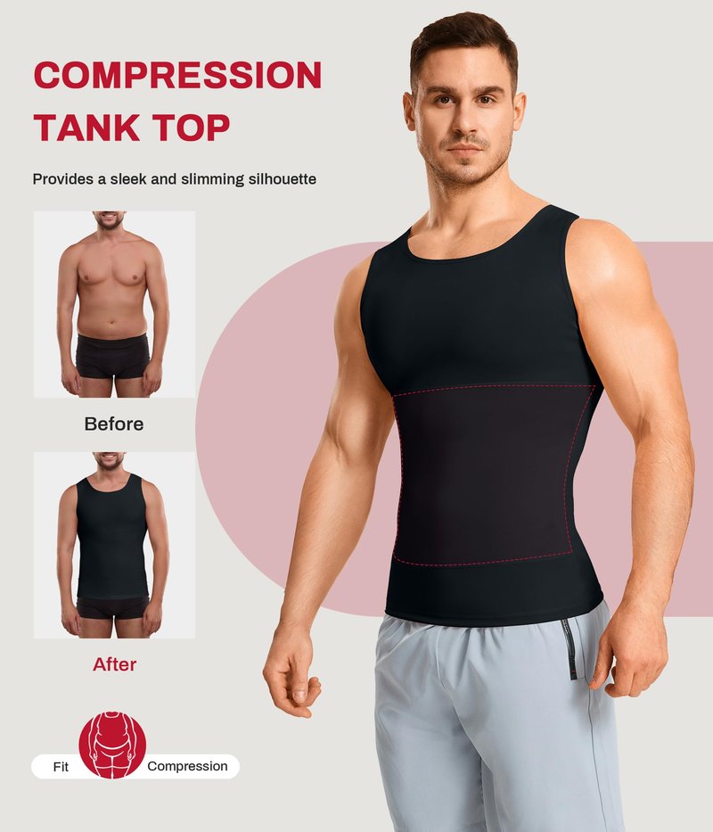 Nebility Shapewear Mens Compression Shirt - Slimming Body Shaper Tummy Control Shapewear Vest Workout Tank Tops Undershirts (Black, Large)