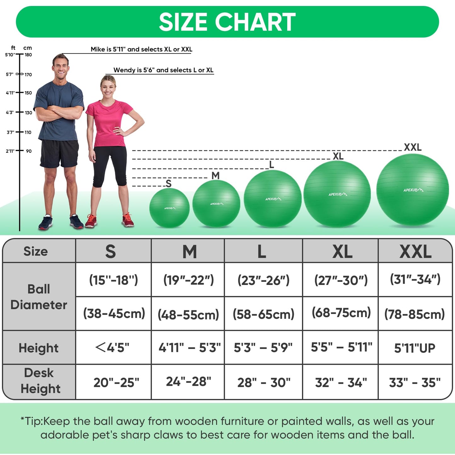APEXUP Yoga Ball, 660 lbs Anti-Burst Exercise Ball with Pump, 5 Sizes (XL (27"~30") 75cm, Dark Green)