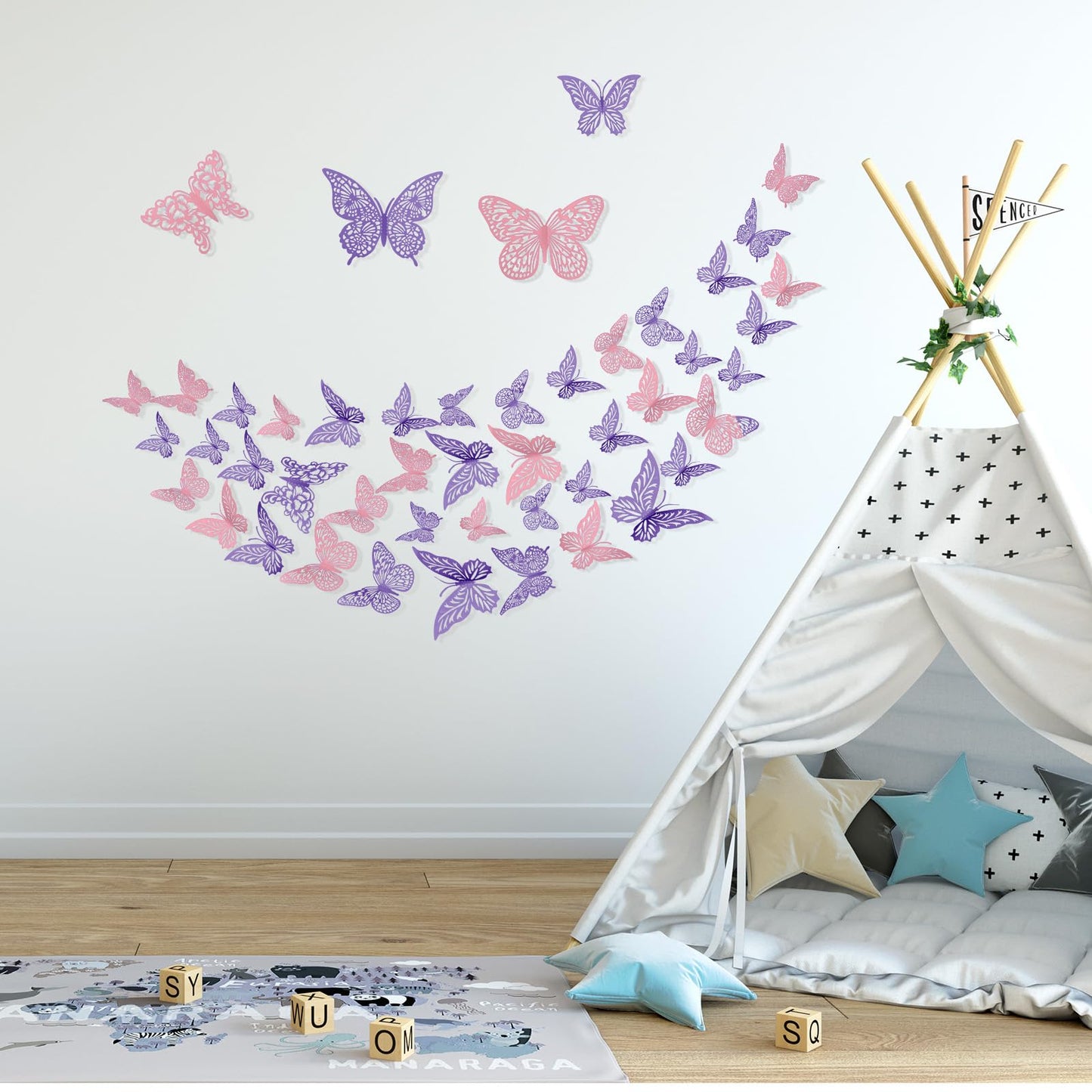 3D Gold Butterfly Wall Decor 3 Sizes 4 Styles Butterfly Party Decorations Cake Decorations Removable Stickers Wall Decor Room Mural Metallic Kids (Purple+Pink, 96Pcs)