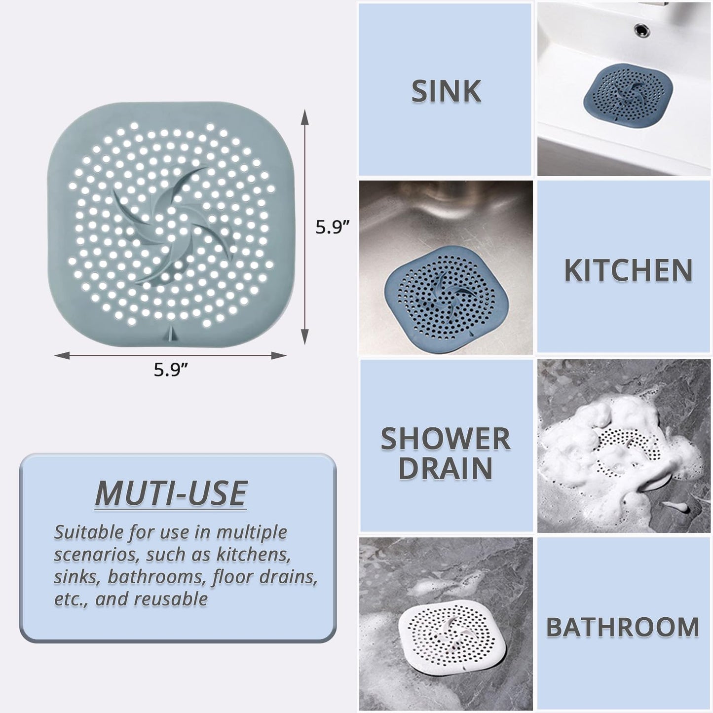 Sgdazo Drain Cover with Suction Cups, 4 Pack Hair Catcher Shower Drain Strainer Protector with TPR Material for Bathroom, Bathtub, Kitchen Sink, Easy to Clean, Household Use (Blue, Grey, Green, White)