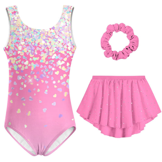 Idgreatim Girls Gymnastics Leotards Size 5-6 Sparkly Gymnastics Outfit with Skirt Crisscross Back Ballet Dance Dress Back to School Pink