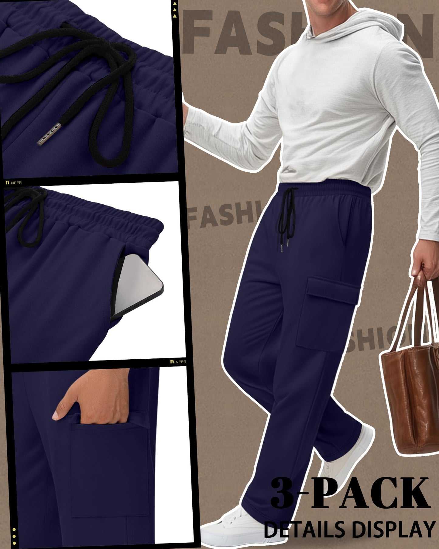 Neer 3 Pack Men's Cargo Sweatpants Baggy Open Bottom Joggers Straight Wide Leg Drawstring Lightweight Pants with Pockets(Black, Navy Blue, Light Mixed Gray,X-Large)