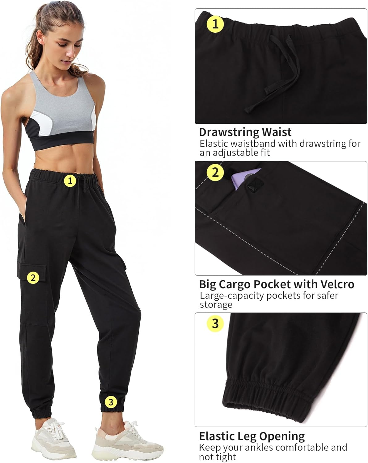 PULI Women's Cargo Sweatpants - Sporty Athletic Fit with Pockets | Comfortable Jogger Pants for Yoga & Gym