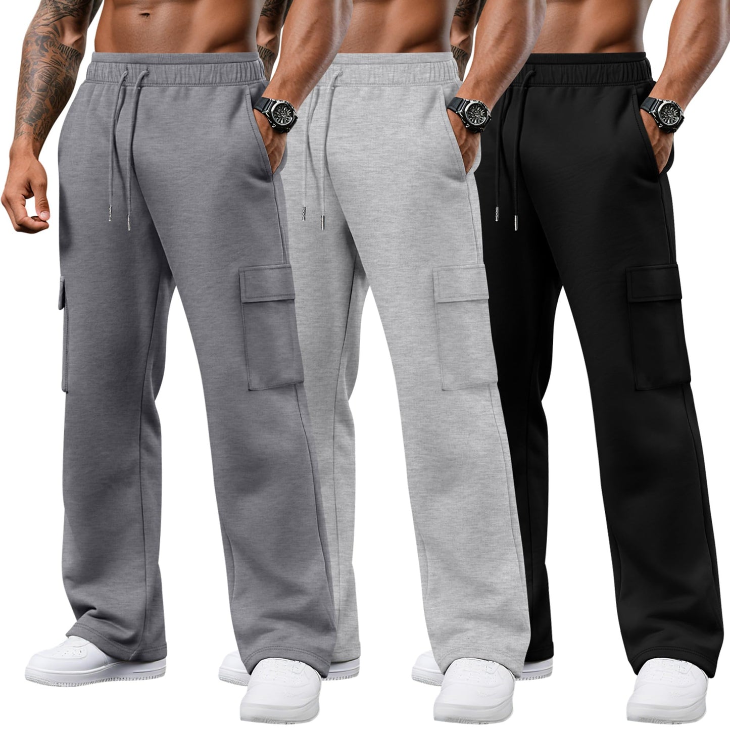 August Alley 3 Pack Men's Cargo Sweatpants Drawstring Thin Straight Leg Pants Casual Baggy Open Bottom Jogger with Pockets(Gray, Light Gray, Black,Medium)