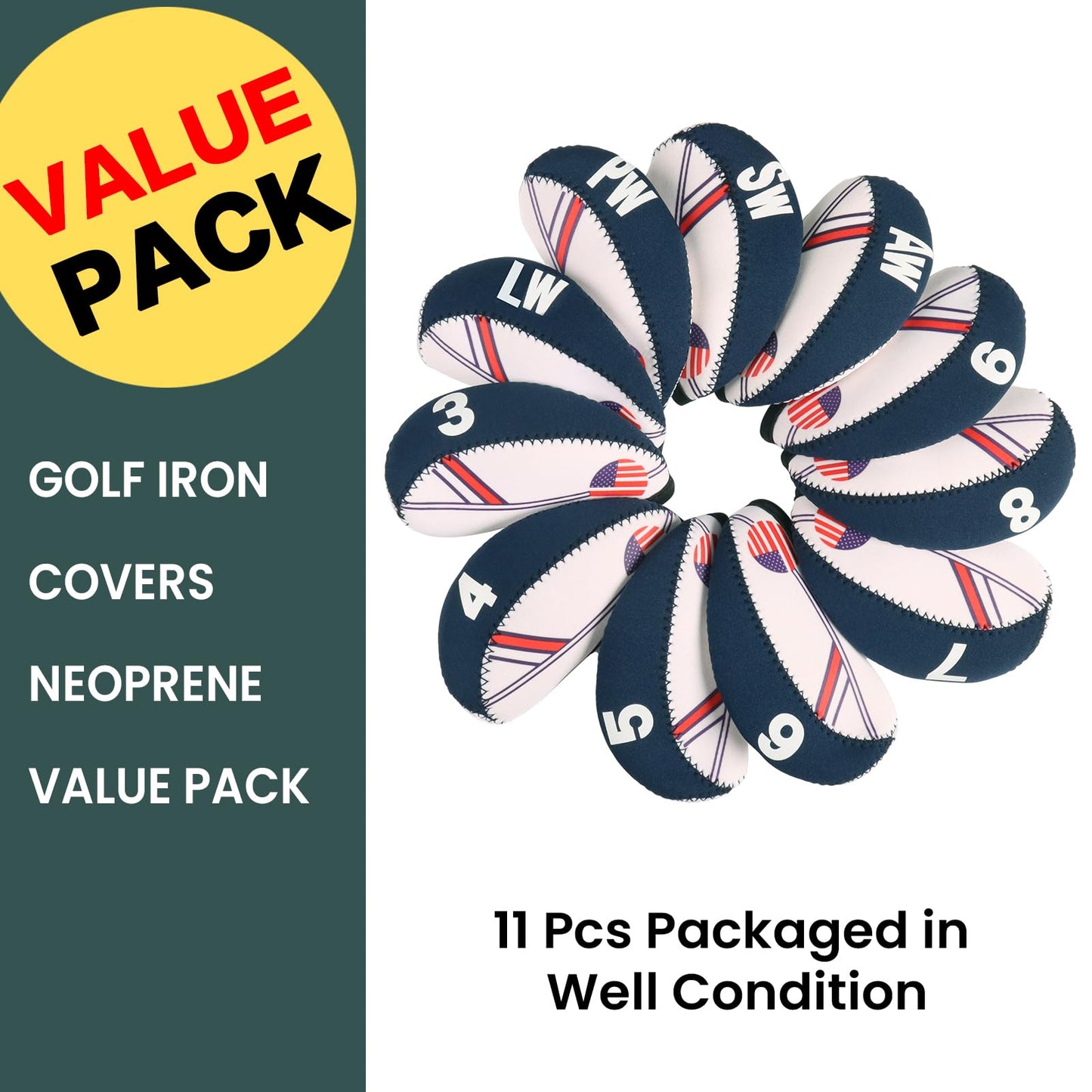 Amy Sport USA Flag Design Golf Iron Head Covers Value 11 Pack, Printed Numbers & Lightweight Wedge Iron Protective Neoprene Headcover, Universal Fit Main Irons Clubs (USA Flag)
