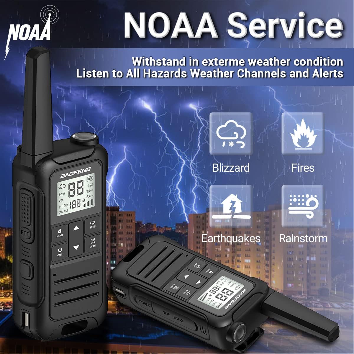 Walkie Talkies Long Range for Adult, Baofeng Radio FRS Portable Rechargeable Walkie Talkie Two Way Radio USB-C Cable 1400mAh Li-ion Battery NOAA VOX Walky Talky for Camping Skiing Hiking 3Pack