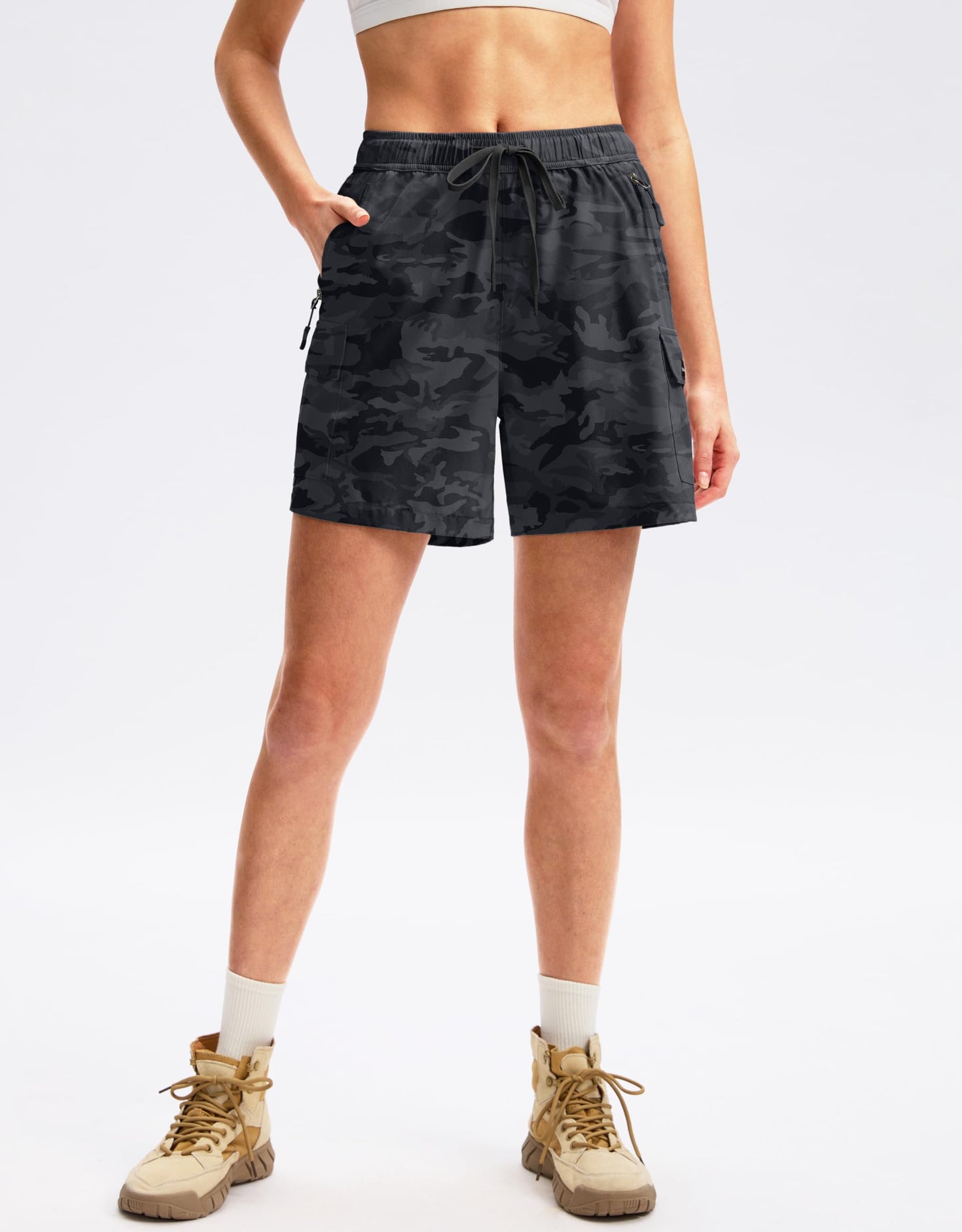 SANTINY Women's 5''/ 7''/9'' Hiking Cargo Shorts Quick Dry Lightweight Summer Shorts for Women Athletic Golf Zipper Pockets(GreyCamo_M)