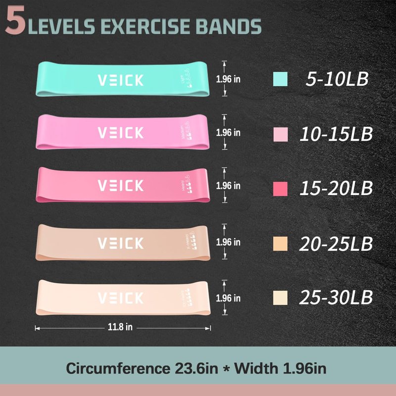 VEICK Pilates Bar Kit with Resistance Bands, Elastic Workout Bands for Men and Women, Set of 5 Resistance Loop Bands for Home Fitness, Stretching, Strength Training, Physical Therap, Light Pink