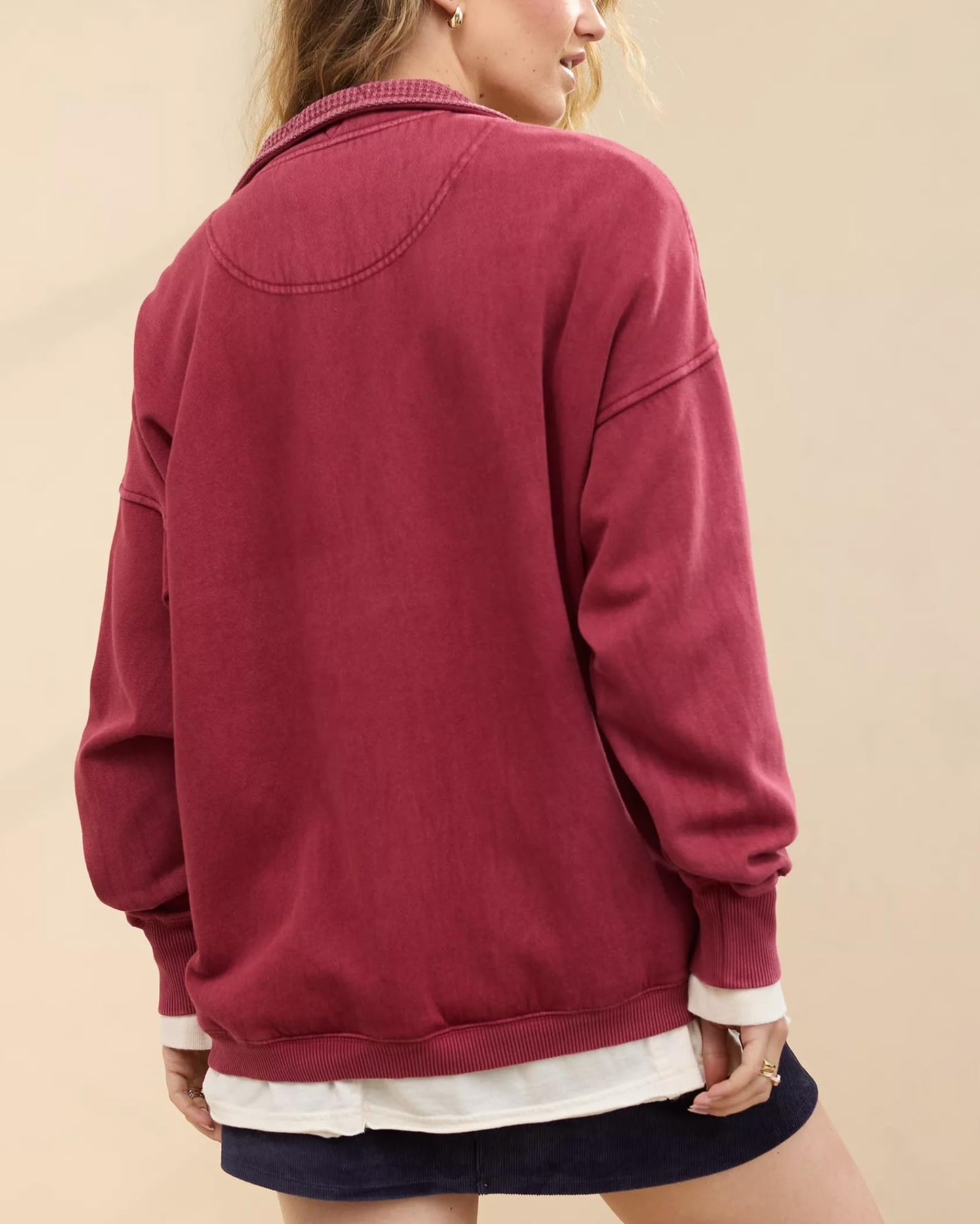 Gacaky Sweatshirt for Women Oversized Casual Long Sleeve Button Henley Neck Pullover Tops Fashion Outfits Clothes Burgundy XS
