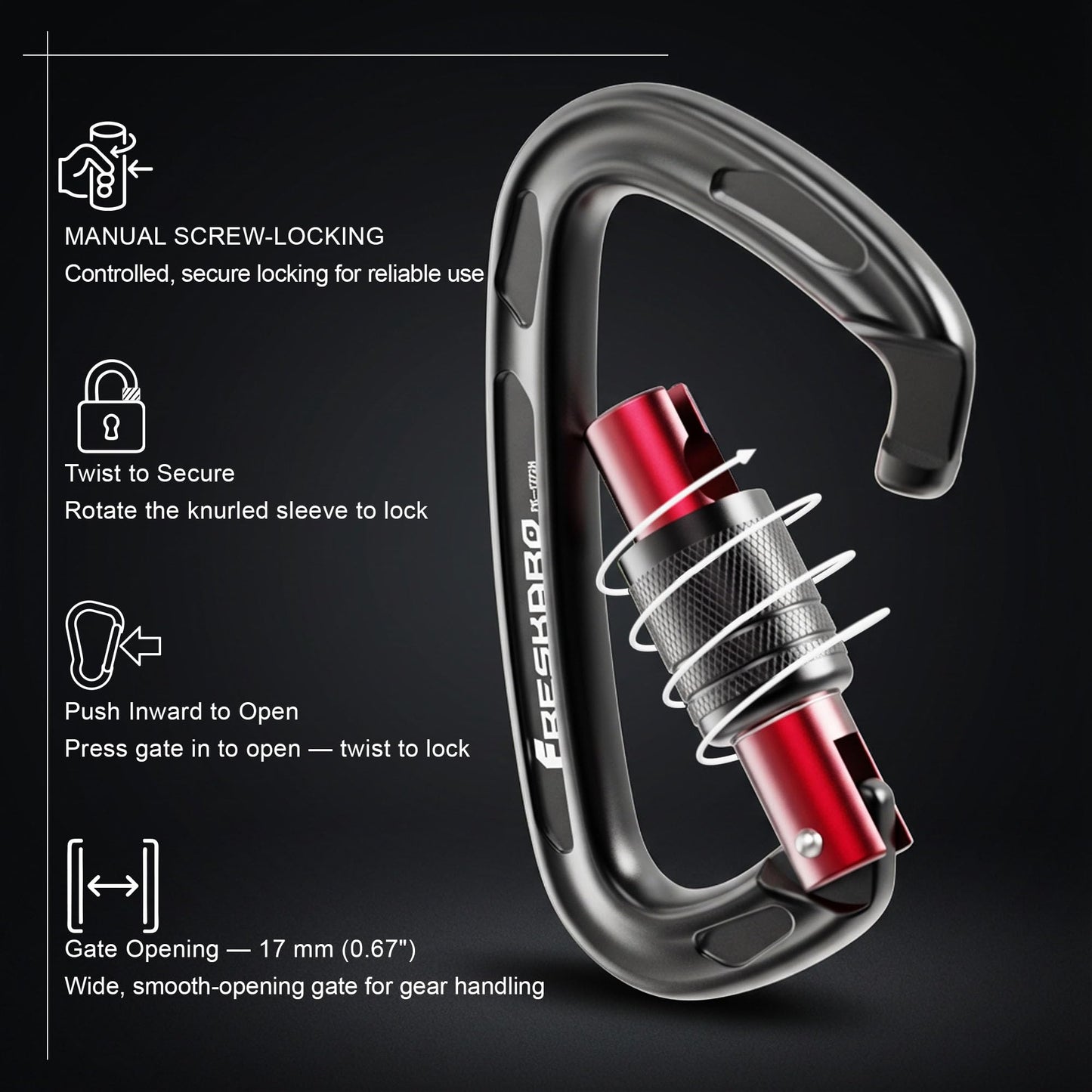 FresKaro Rock Climbing Carabiner Clips Heavy Duty, Screw Gate Locking, UIAA Certifed, 25kN Karabiner for Rappelling, Hunting, Hiking, Gym Equipment, or Survival Gear Kit, 4Inch, Black, 3Pack